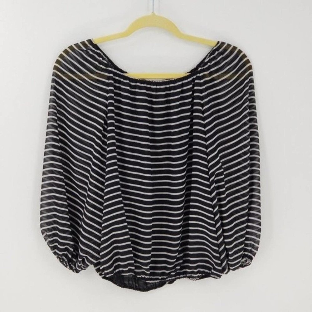 Vince Camuto Women's Striped Flowing Peasant Top Blouse Black White Size XS